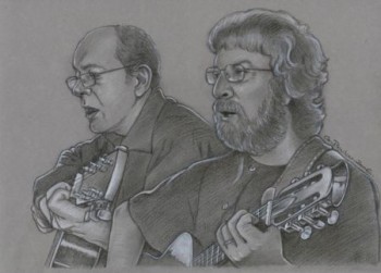 Gérard Gorsse, avec en arrière plan le guitariste (dessin Gilles Poulou)