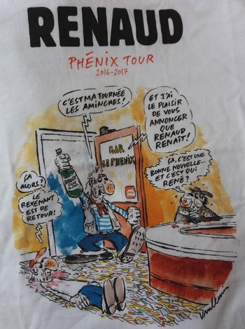 LA PHOTO Tout n’est pas perdu ! Renaud a au moins gardé ce goût du second degré, puisqu’il a confié à Vuillemin le soin d’illustrer la couverture de son programme, avec toute la finesse et le goût de la provoc dont celui-ci fait preuve habituellement. Le tee-shirt reproduisant ledit dessin restera mon meilleur souvenir de la prestation.