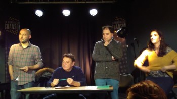 Réunion du jury du Prix Moustaki : Jean Guidoni, président 2019, entouré de Thierry Cadet, Mathias Vincenot et Amélie Dumas, les trois chevilles ouvrières de ce Prix.